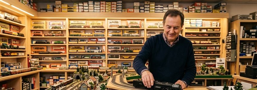Model train store owner setting up a detailed display layout with locomotives and track in a well-lit retail showroom