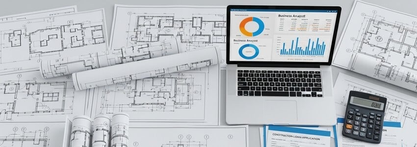 Modular construction financing documents and blueprints on office desk