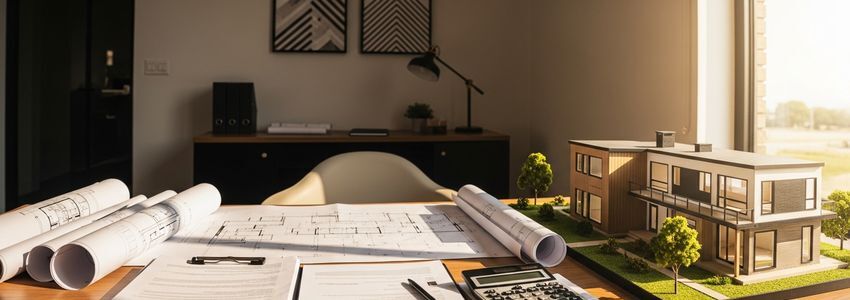 Modular home builder reviewing loan documents and architectural blueprints in a professional office setting