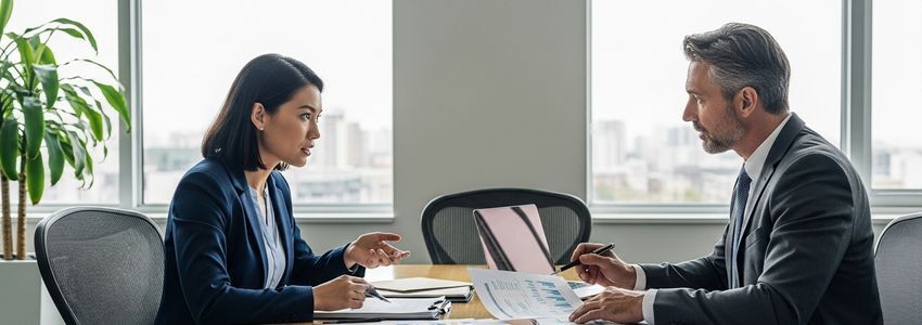 Business owner and financial advisor reviewing financial documents and business financing options