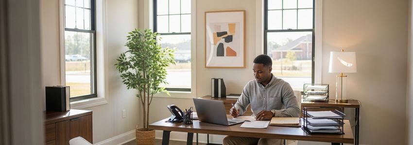 Small business owner reviewing loan documents in Montgomery Alabama