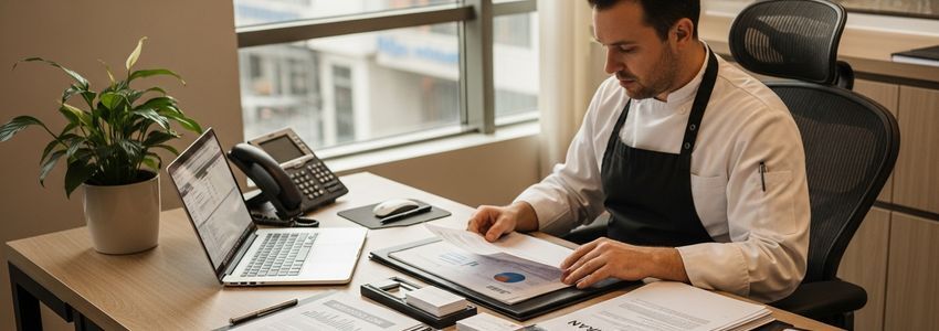 Restaurant owner reviewing business loan documents for Montgomery food business financing
