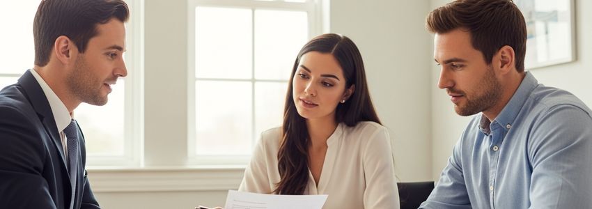 Mortgage company loan officer consulting with business clients in a professional office