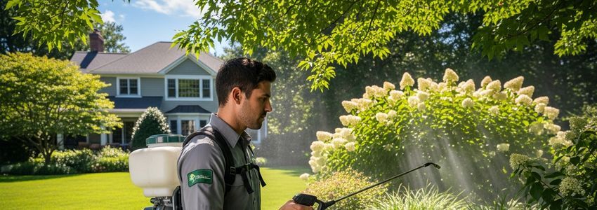 Mosquito Squad franchise technician applying outdoor pest control spray