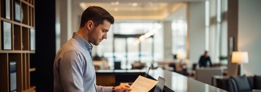 Motel 6 franchise owner reviewing financing documents at a hotel front desk with professional lighting