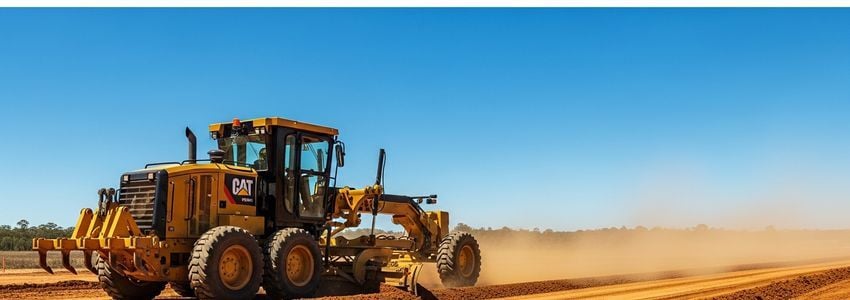 Motor grader at a road construction site with contractor reviewing plans