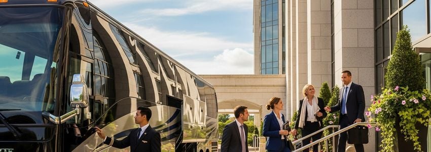 Business professionals boarding a modern motorcoach at a corporate event venue with a uniformed driver