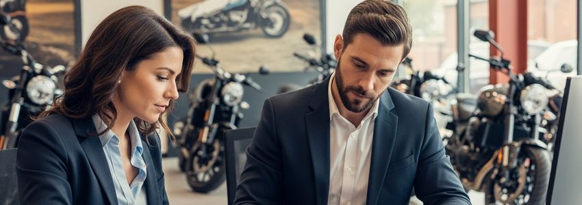 Motorcycle dealership owner reviewing financing documents