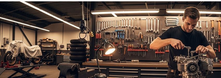 Motorcycle repair shop owner reviewing business loan documents