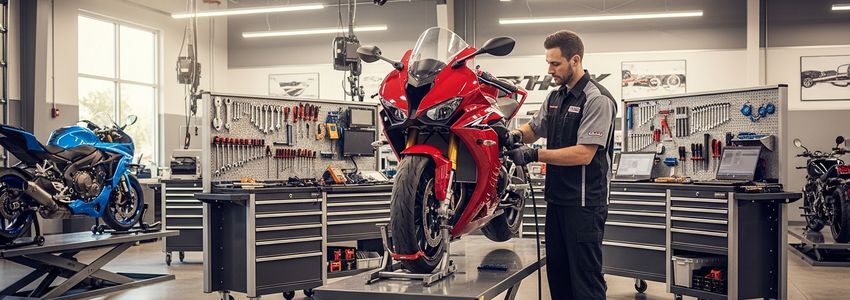 Professional motorcycle mechanic working on a sport bike in a motorsports dealership service bay
