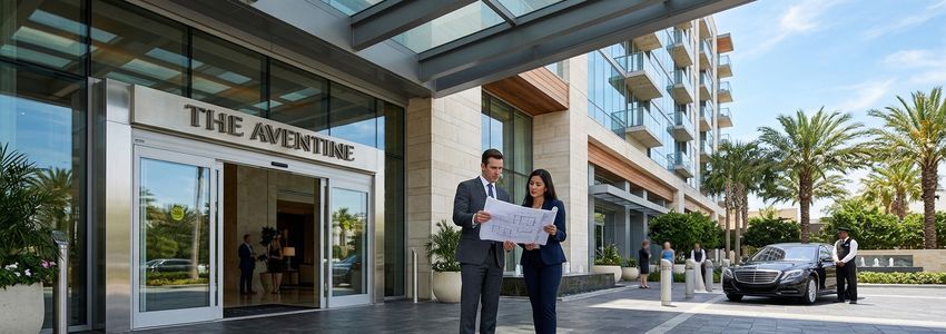 Hotel franchise operator reviewing building plans at an upscale hotel entrance