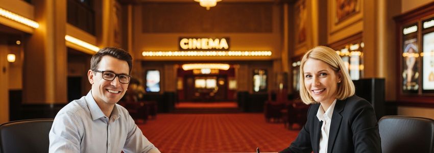 Cinema business owner meeting with a financial advisor reviewing loan documents with theater interior visible in background