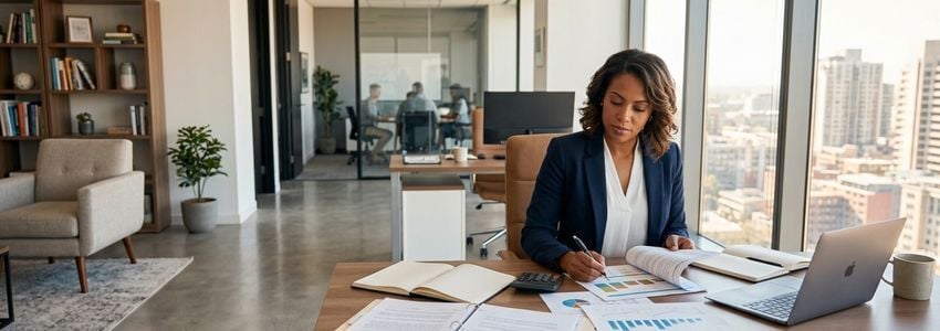 Movie theater owner reviewing financing documents in a modern cinema lobby with box office signage visible in background