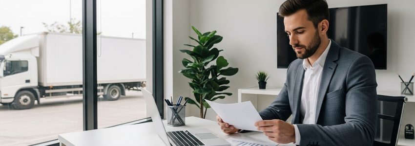 Moving company owner reviewing financing paperwork with a fleet of trucks in the background