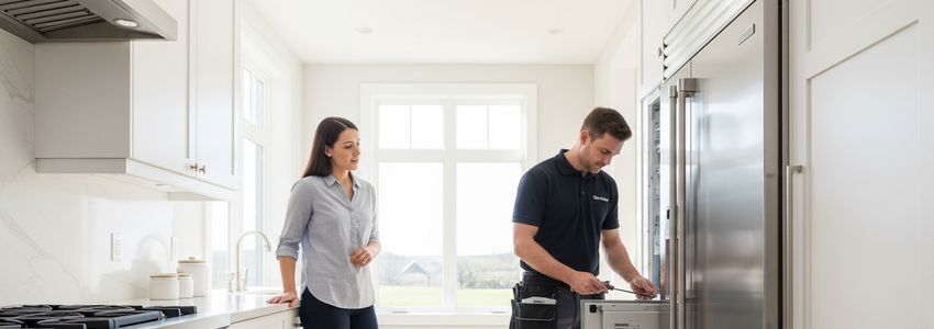 Mr. Appliance franchise technician repairing appliance in customer home