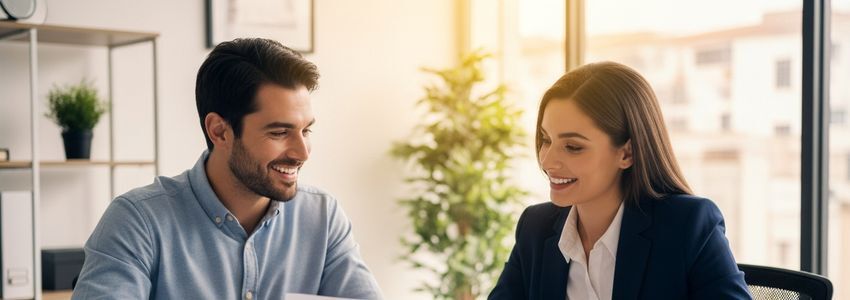 Small business owner reviewing franchise loan documents with financial advisor