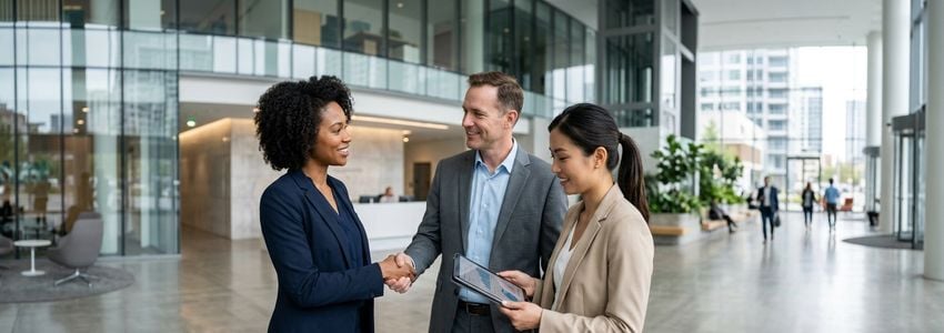 Business partners meeting to discuss multi-owner business loan options at a modern office