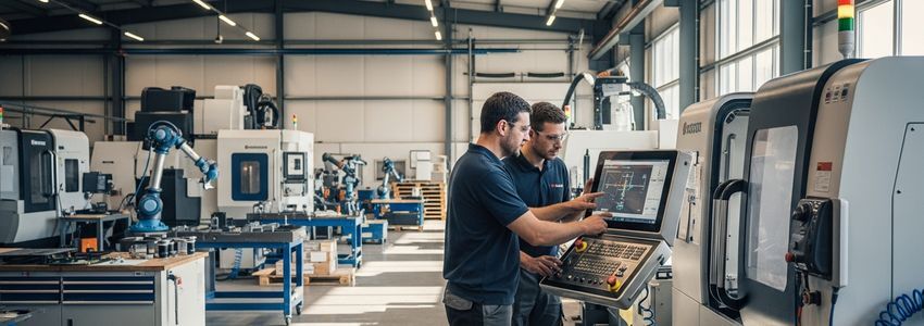 Business owners reviewing multi-purpose production equipment controls at a manufacturing facility