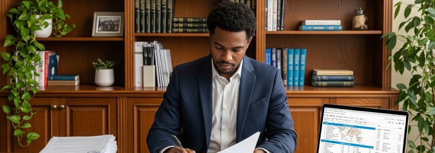 Business owner reviewing multi-state expansion documents at a desk