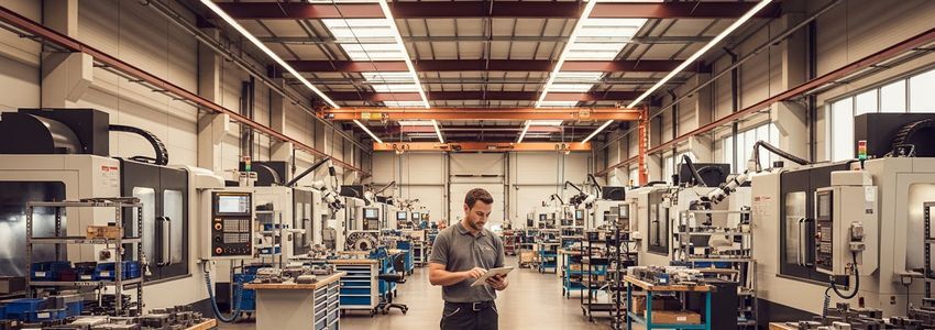 Manufacturing business owner reviewing production schedules on a tablet in a CNC machining facility