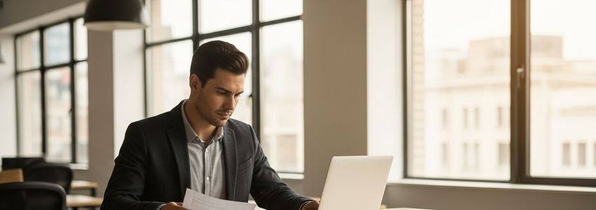 Business professional reviewing equipment financing options for a modern multi-use workspace