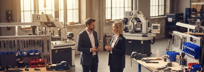 Business owner and production manager reviewing production room layout and financing plans in a flexible manufacturing facility