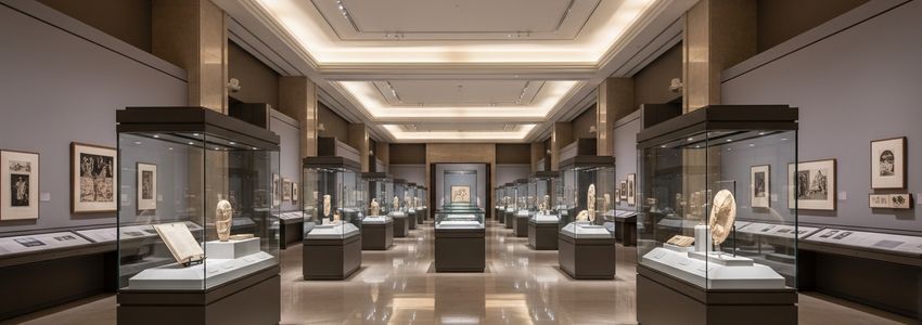Museum gallery hall with exhibit display cases and artifact collections
