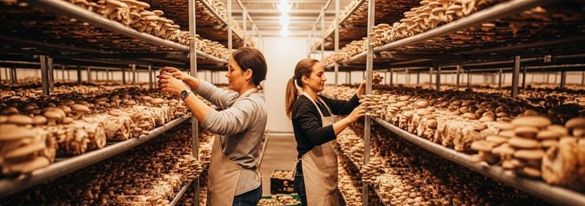 Workers harvesting mushrooms in a commercial indoor mushroom farm facility