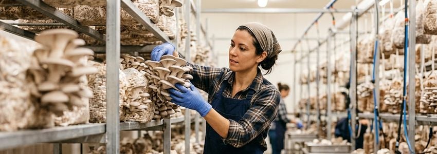 Commercial mushroom farm worker inspecting shelves of cultivated mushrooms in a climate-controlled grow room