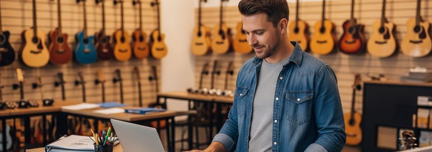 Music store owner reviewing business financing options