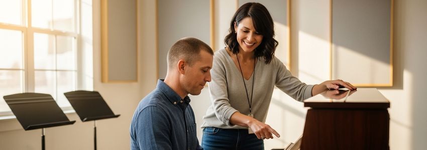 Music school owner teaching a student at a piano in a professionally equipped music studio — music studio business loans