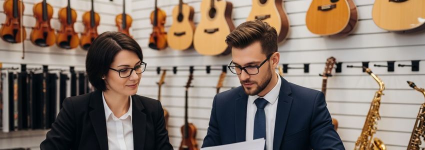 Music business owner reviewing instrument financing documents in a music store surrounded by guitars and violins