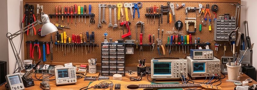 Professional musical instrument repair workshop with specialized tools, equipment, and a guitar neck visible on the workbench