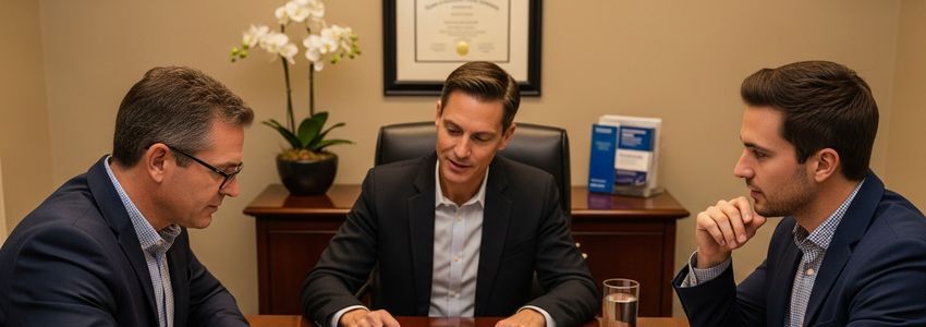 Small business professionals reviewing loan paperwork with a financial advisor in Myrtle Beach South Carolina