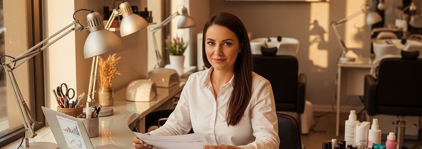 Nail salon owner reviewing business financing documents at salon desk