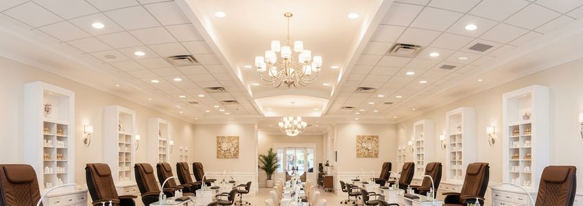 Professional nail salon interior with pedicure chairs and manicure stations available for leasing