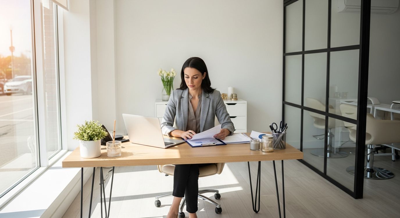 Nail salon owner reviewing business financing options at a modern nail salon with elegant pedicure stations