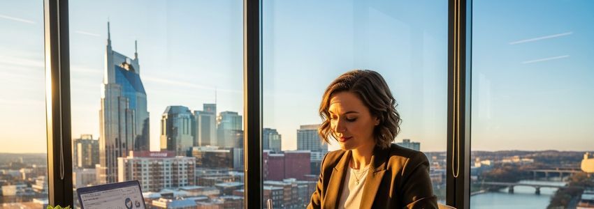Nashville entrepreneur reviewing business loan documents at a modern office with city skyline visible through window