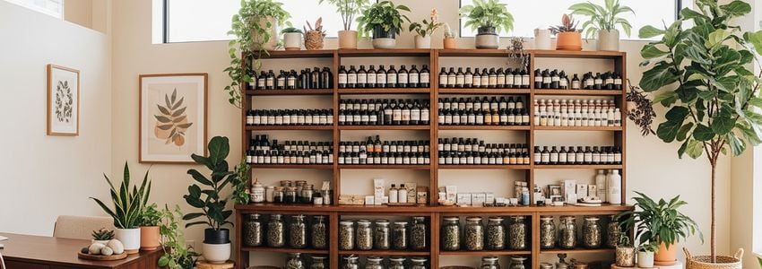 Modern naturopathic clinic interior with herbal medicine shelves and botanical dispensary