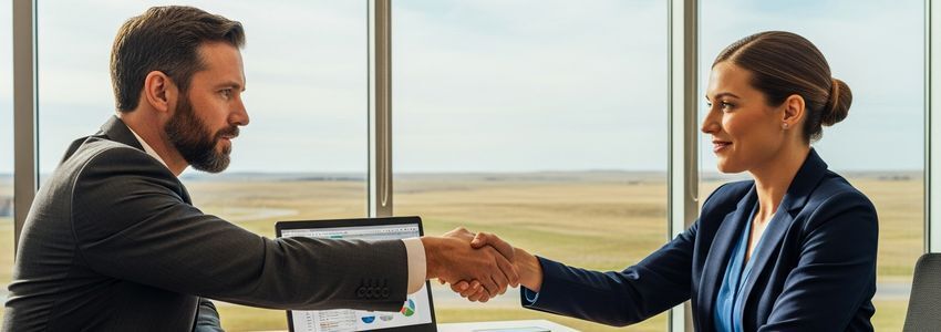 Business owner and banker discussing small business loan options in a North Dakota lending office