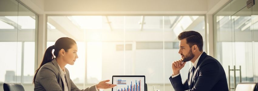 Two business professionals negotiating loan terms in a modern office setting