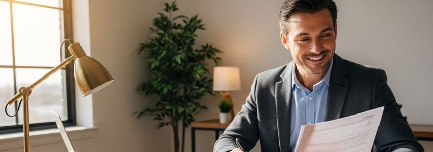 Business professional reviewing NNN net lease financing documents at office desk