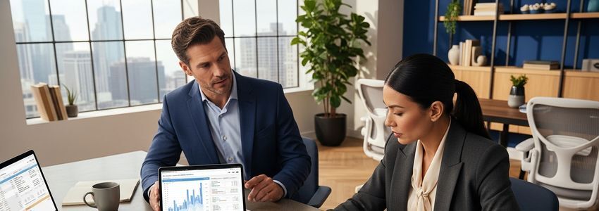 Business advisor reviewing financial profitability reports at a modern office