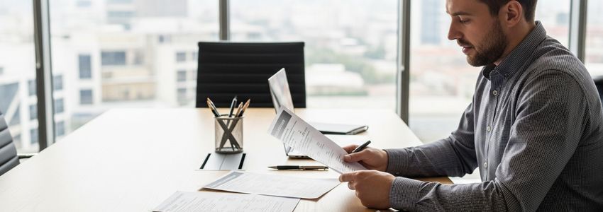 Business owner reviewing net 30 trade credit documents and vendor invoices at office desk