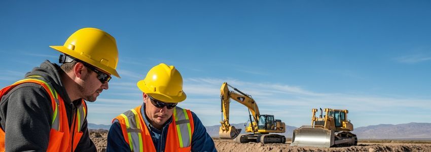 Two Nevada construction workers in hard hats reviewing plans at a job site with heavy equipment in the background