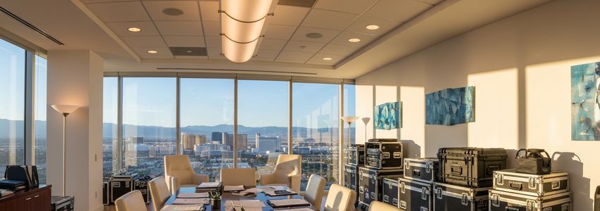 Nevada entertainment company reviewing loan documents in a Las Vegas office with production equipment