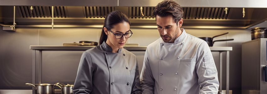 Nevada restaurant owners reviewing financing and expansion plans in a commercial kitchen