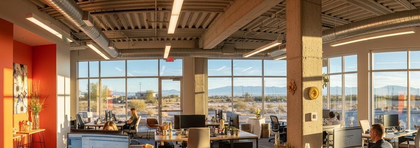 Nevada small business owner reviewing financing options at a modern office with desert views