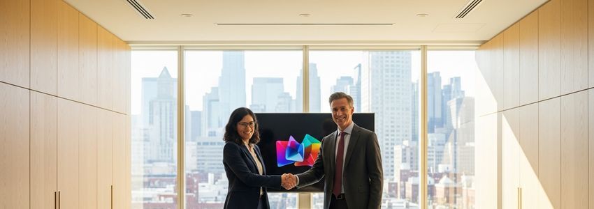 Business owner and financial advisor reviewing new business loan documents in a professional office setting