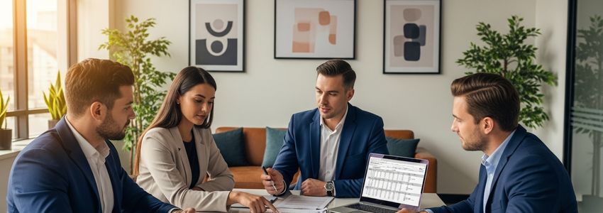 Small business owners reviewing loan documents with a financial advisor in a New Haven Connecticut office